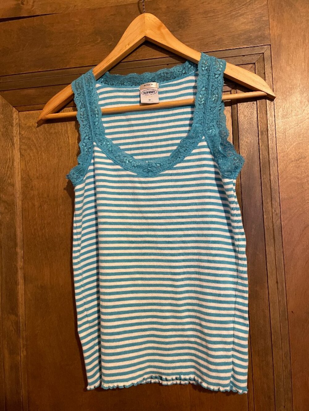 VTG Old Navy Blue & White Striped Cotton & Lace Trim Top